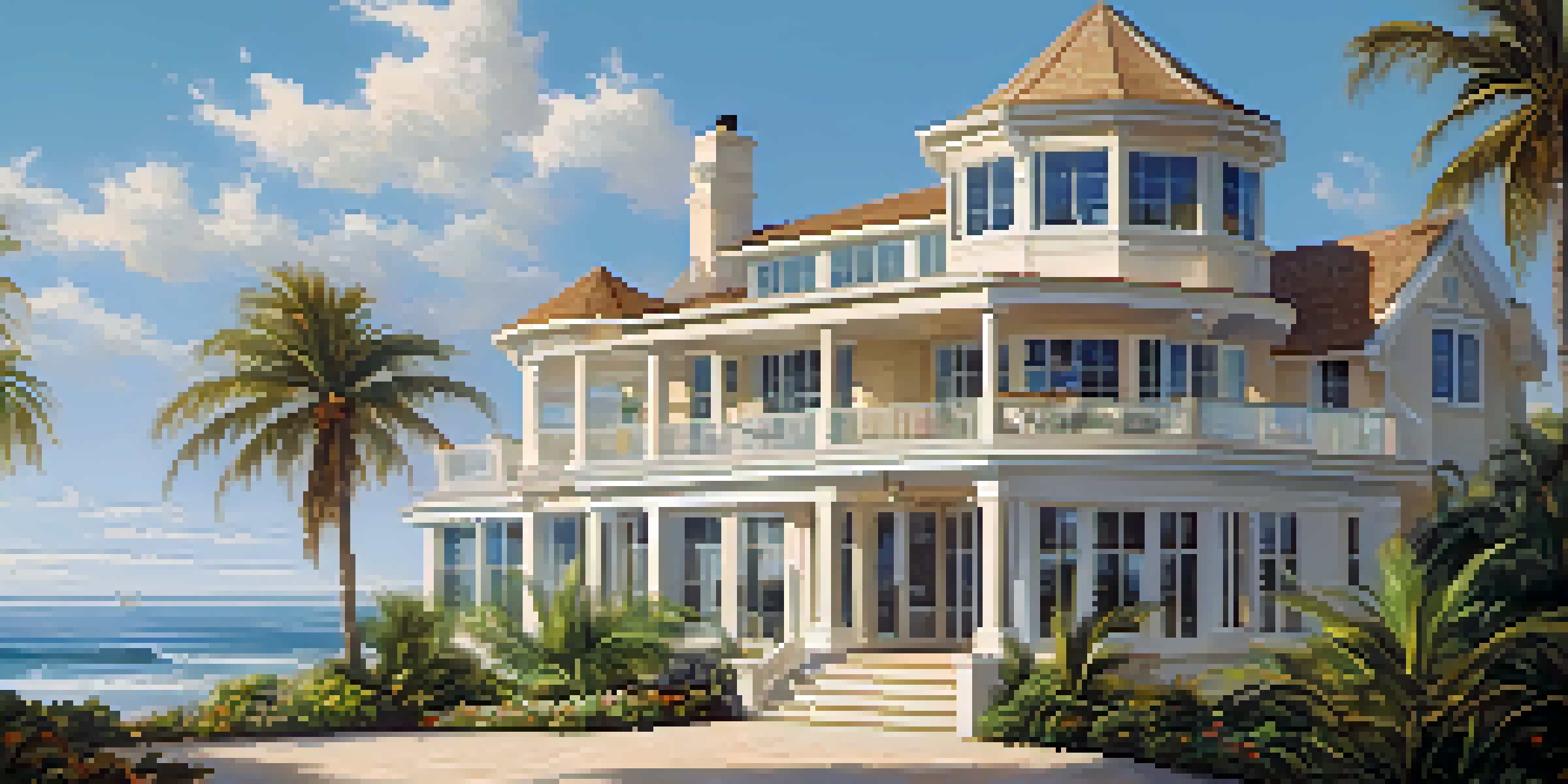 A luxurious coastal home with salt-resistant materials, surrounded by greenery and overlooking the ocean on a sunny day.