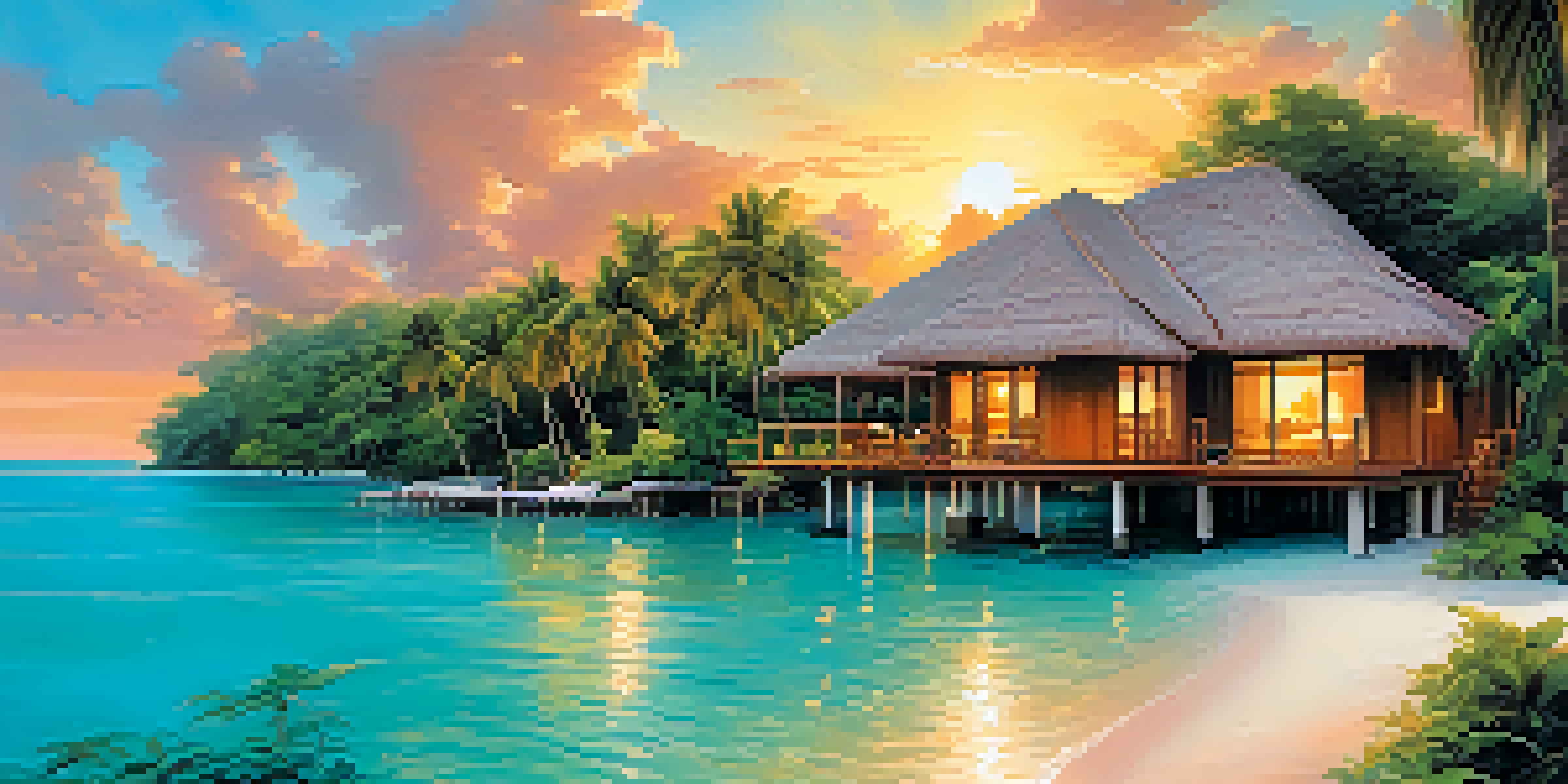 A picturesque overwater bungalow in a tropical setting with clear waters and a sunset.