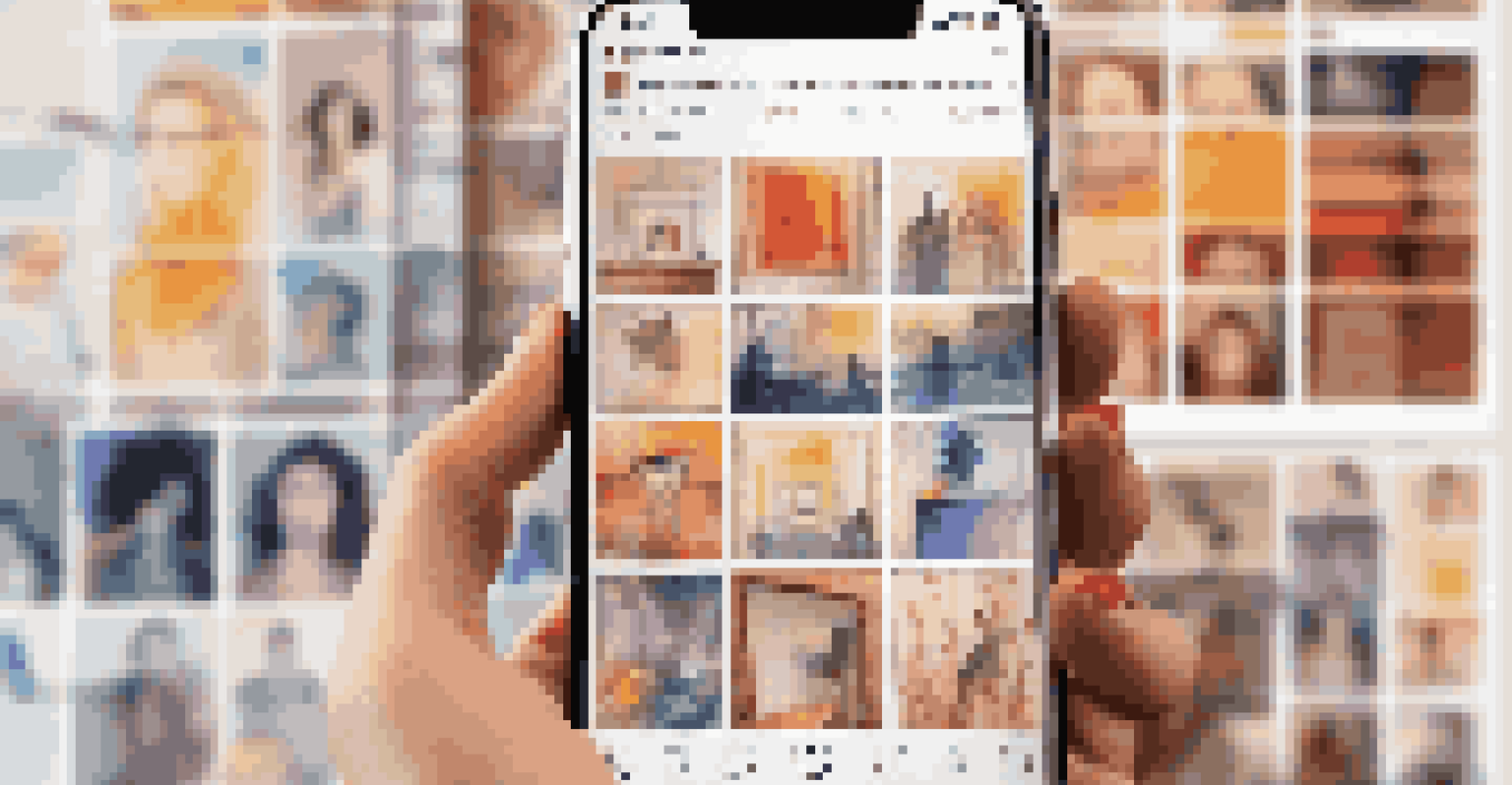 A smartphone displaying a colorful social media feed with art pieces and artist profiles, set in an art studio.