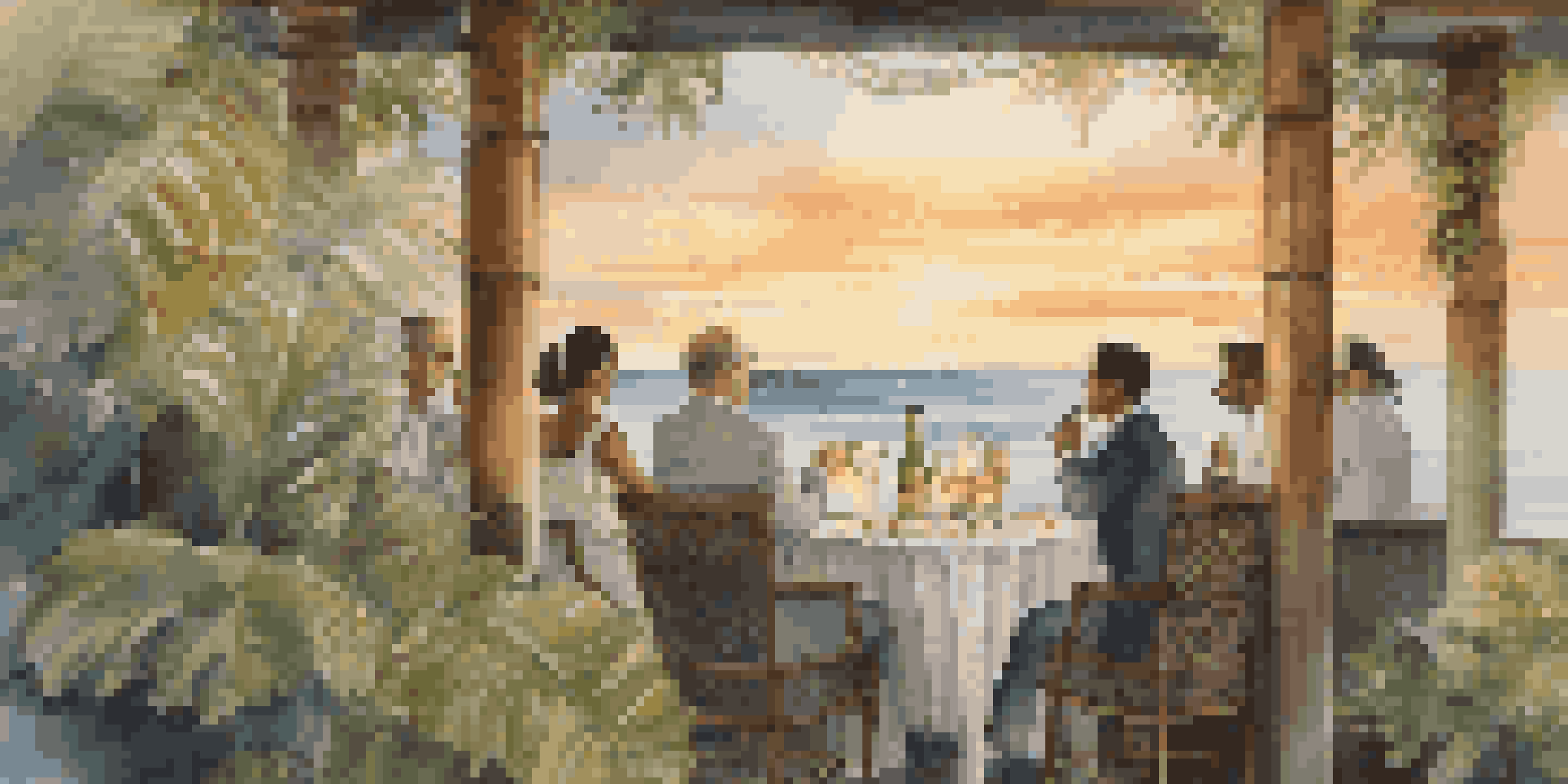 A tranquil rooftop bar with guests enjoying champagne at sunset, overlooking the ocean with tropical plants surrounding them.