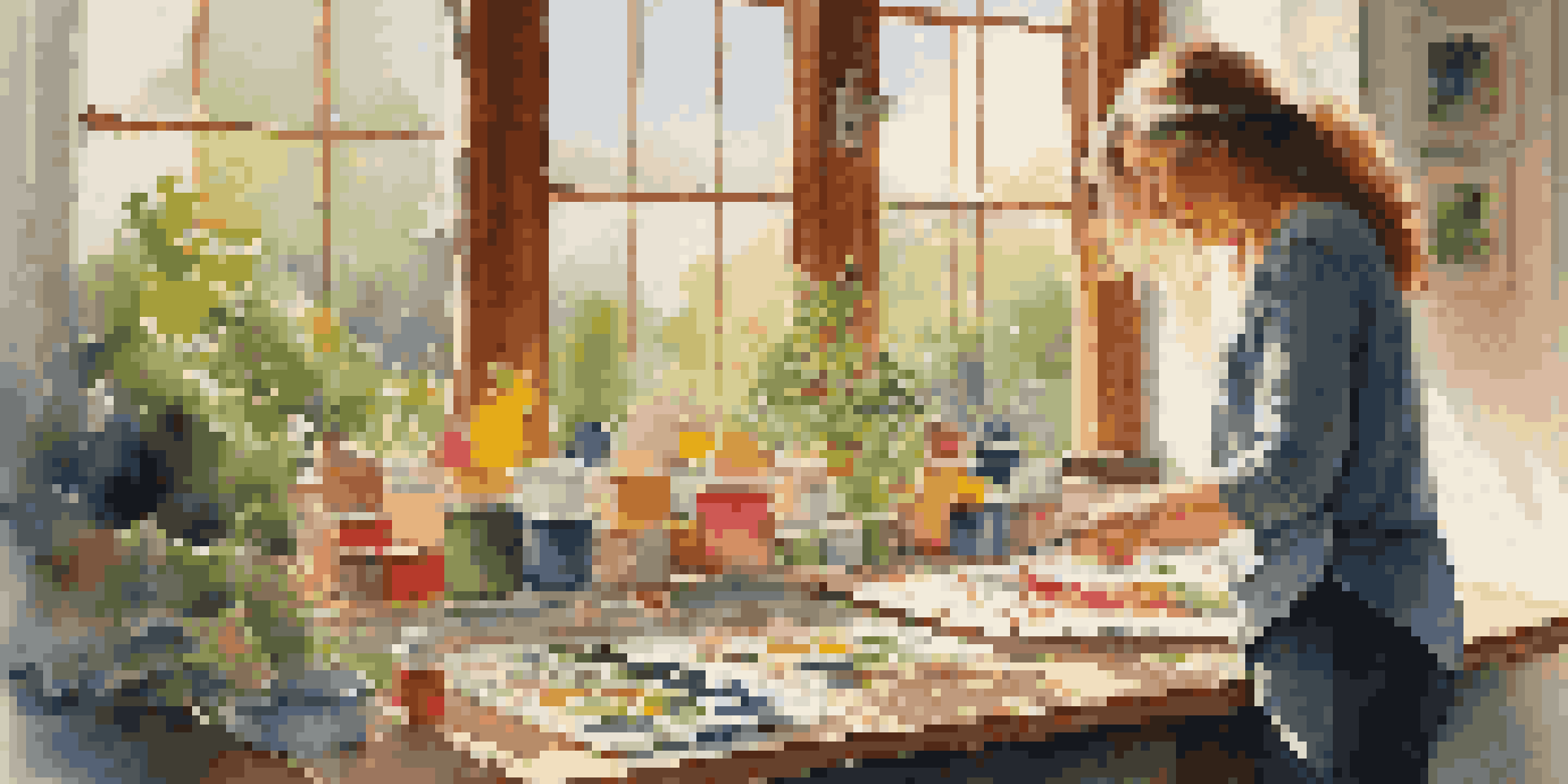 A local artist painting a colorful landscape in a sunlit studio, surrounded by paint tubes and natural light coming through the windows.
