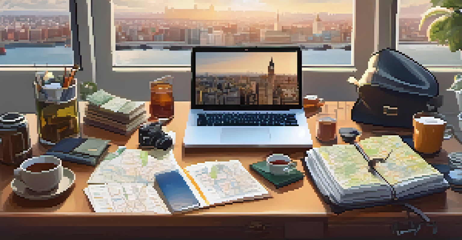 A traveler's workspace with a packed suitcase, checklist, laptop with a map, and a cup of tea, highlighting travel preparation.