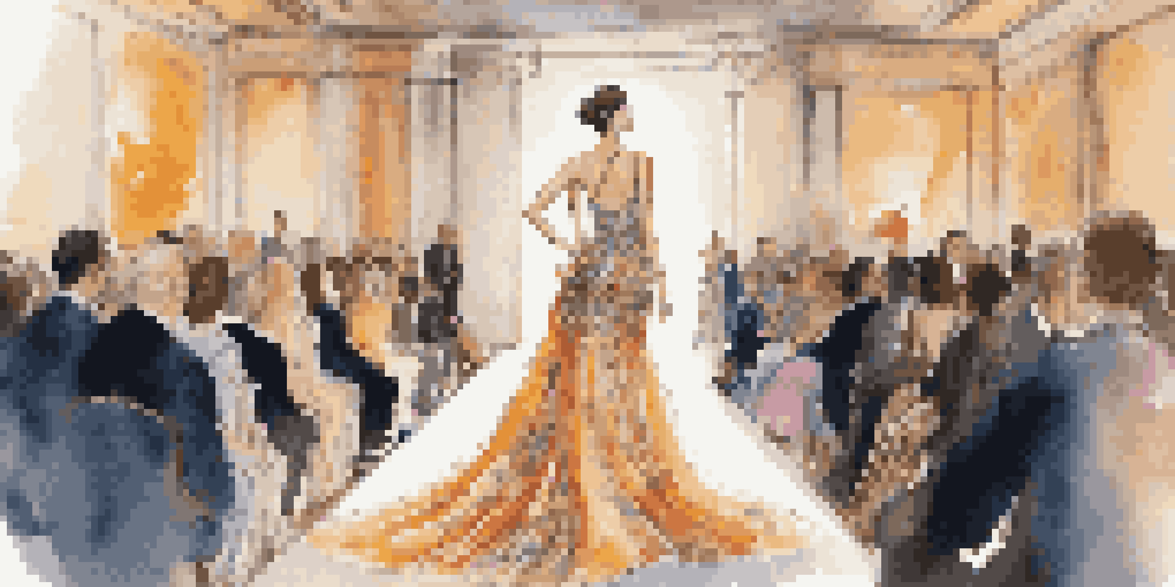 A fashion model on a runway wearing a gown inspired by a famous painting, with an audience in soft, warm lighting.