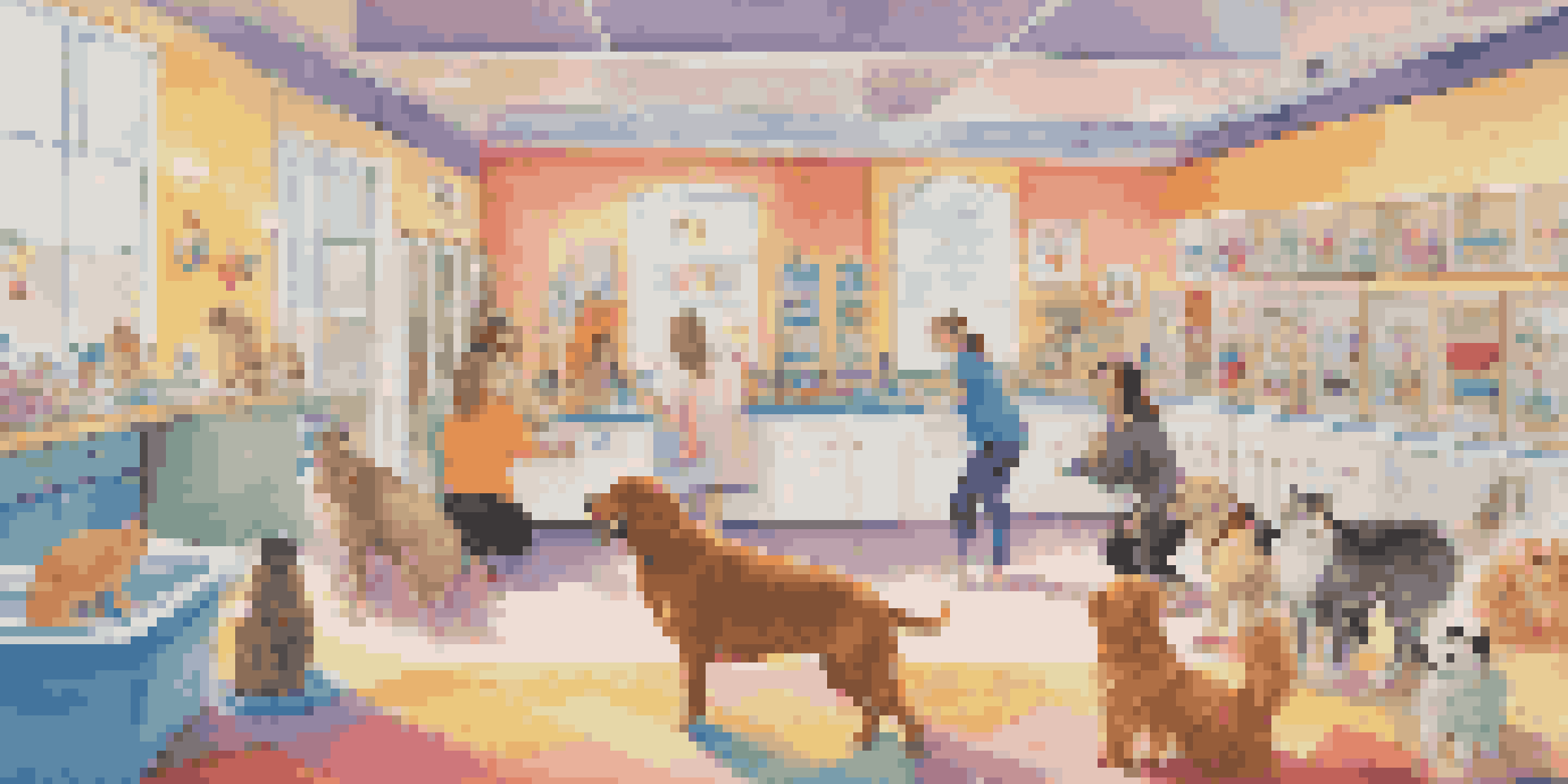 A dog and cat happily playing together in a vibrant pet spa filled with toys and friendly staff.