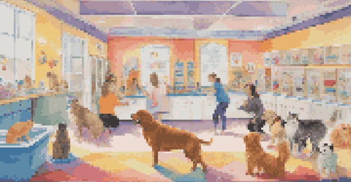 A dog and cat happily playing together in a vibrant pet spa filled with toys and friendly staff.