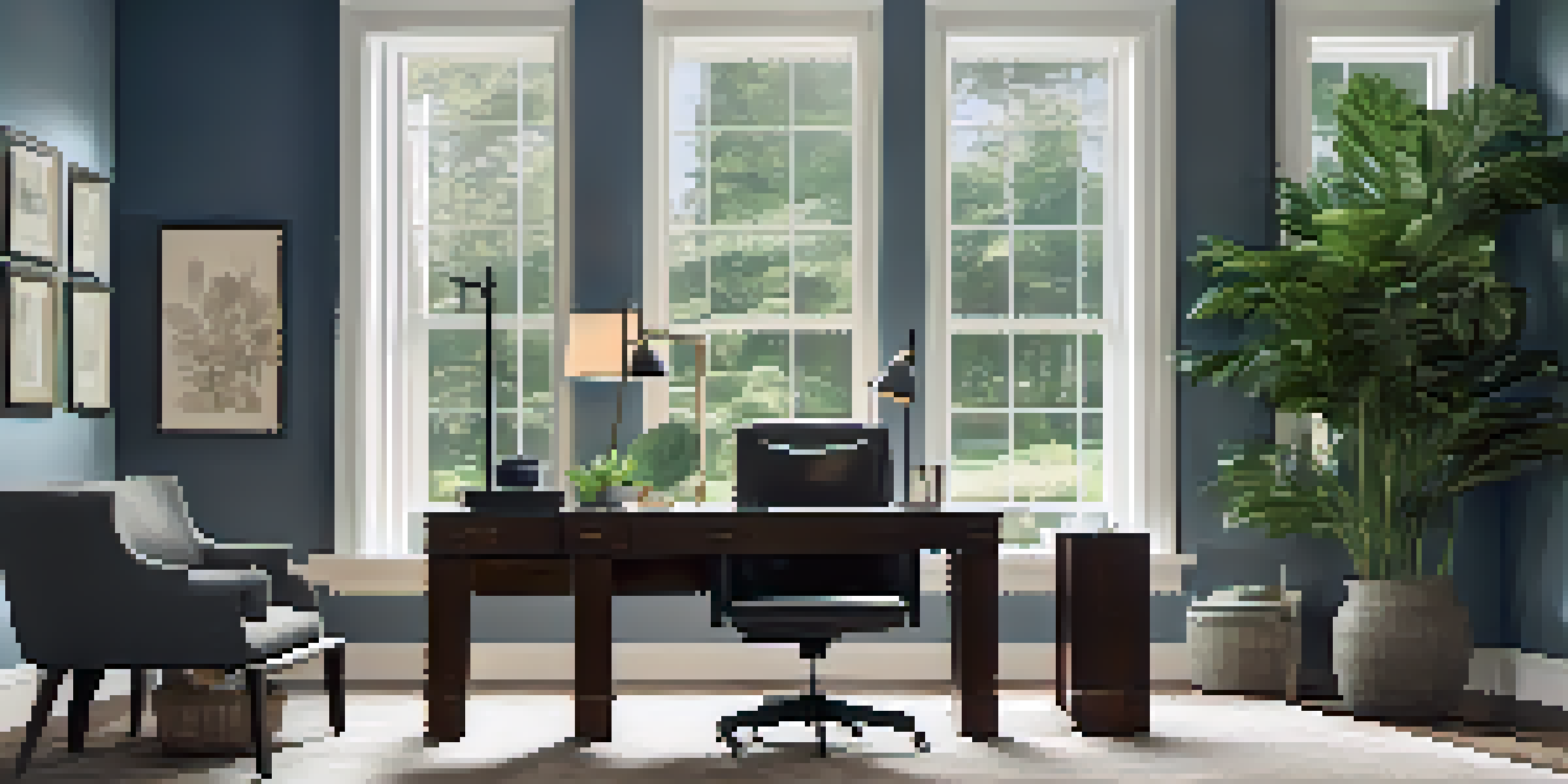 A well-designed luxurious home office with a wooden desk, ergonomic chair, large windows, and soft blue walls adorned with artwork and plants.