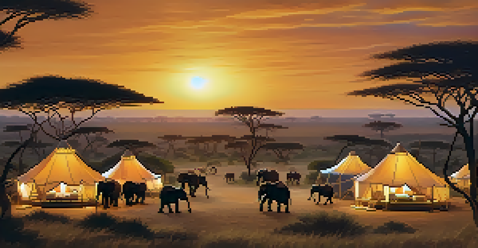 A luxury safari camp with spacious tents in the African savannah, featuring lavish interiors and elephants grazing in the background at sunset.