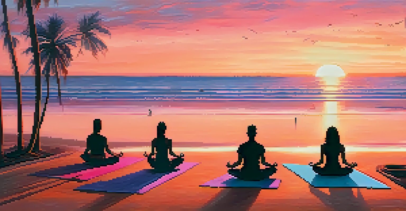 A group practicing yoga on the beach at sunrise, with vibrant colors in the sky and palm trees in the foreground.