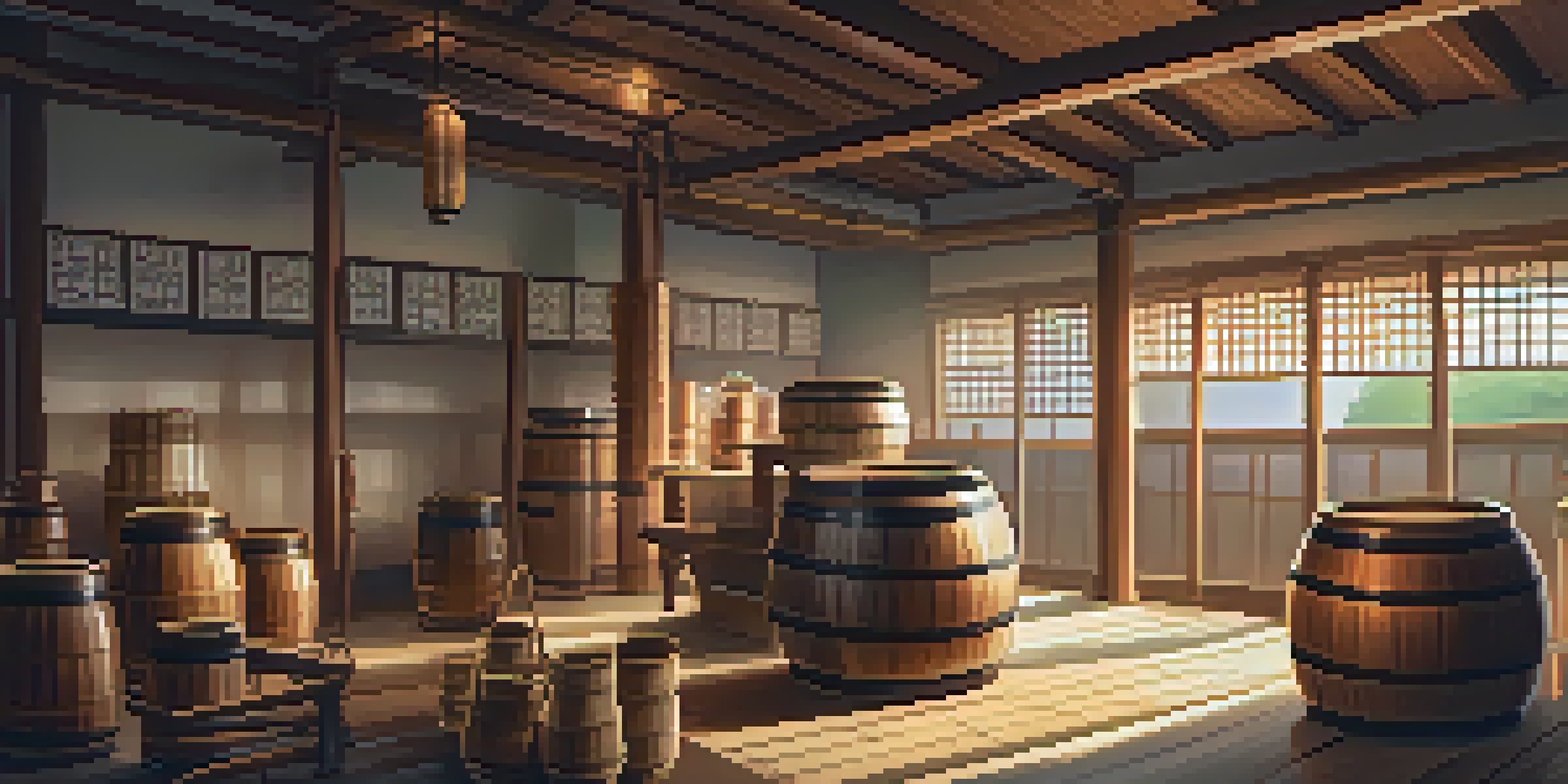 A traditional sake brewery with wooden equipment and polished rice, featuring a brewer in traditional attire amidst soft lighting.