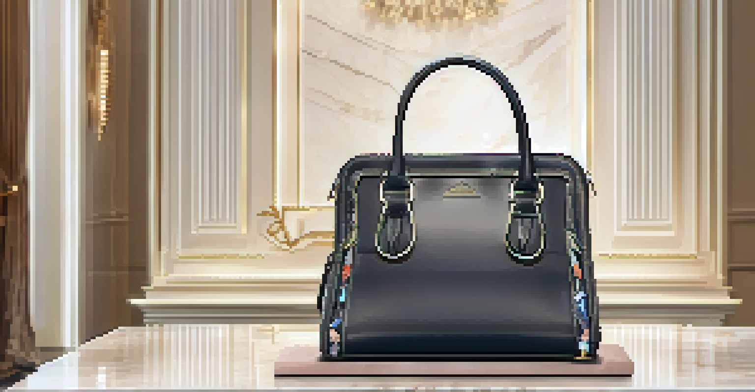 A luxurious designer handbag on a marble pedestal, with soft lighting highlighting its intricate details and logo.