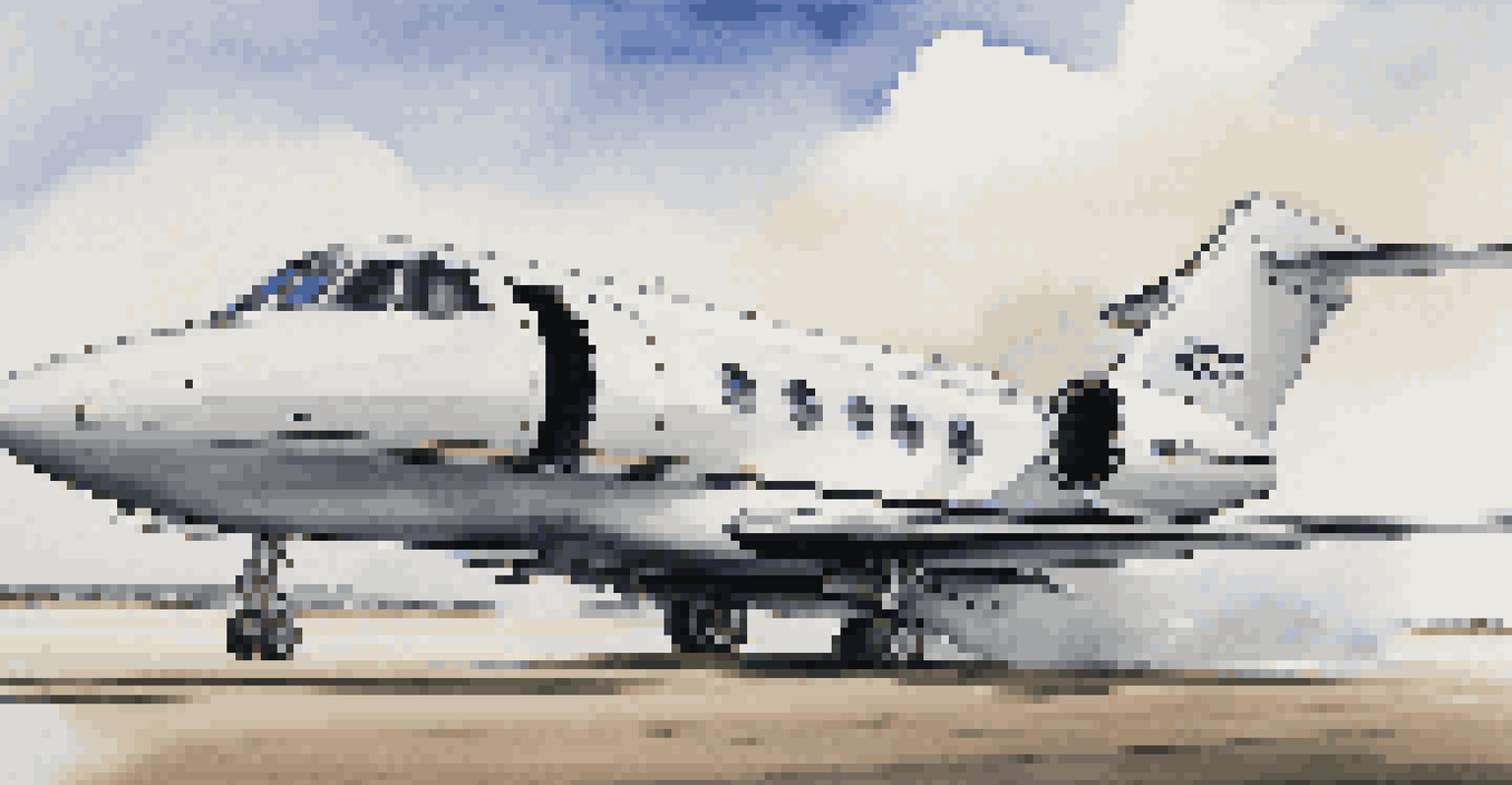 A private jet taking off from a runway with wheels in the air and a clear sky in the background.