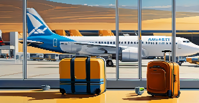 A traveler at a busy airport using smart luggage with GPS and USB charging, surrounded by other travelers and airplanes in the background.