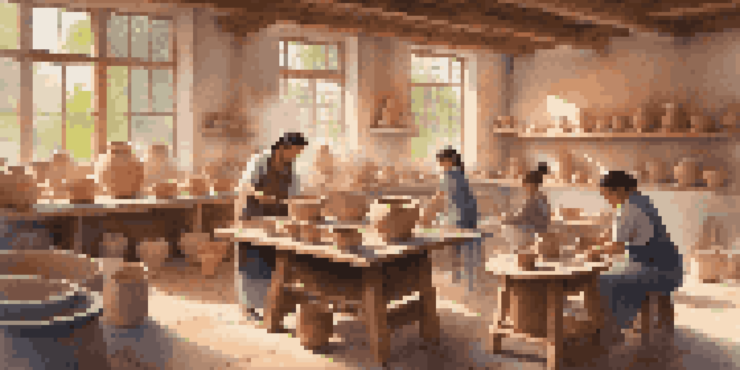 A pottery workshop with a master potter teaching a small group of students, natural light flooding the room.