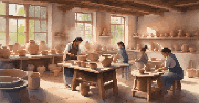 A pottery workshop with a master potter teaching a small group of students, natural light flooding the room.