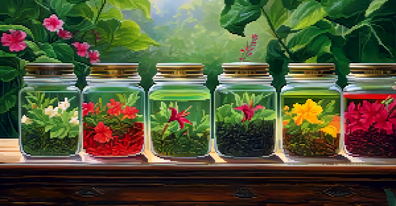 A display of colorful luxury teas in clear glass jars on a wooden table, surrounded by green leaves and flowers, highlighted by soft lighting.