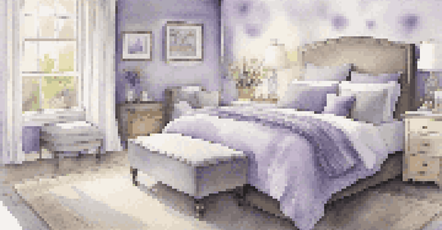 A serene bedroom with lavender sachets and an essential oil diffuser on the bedside table, decorated in soft pastel colors.