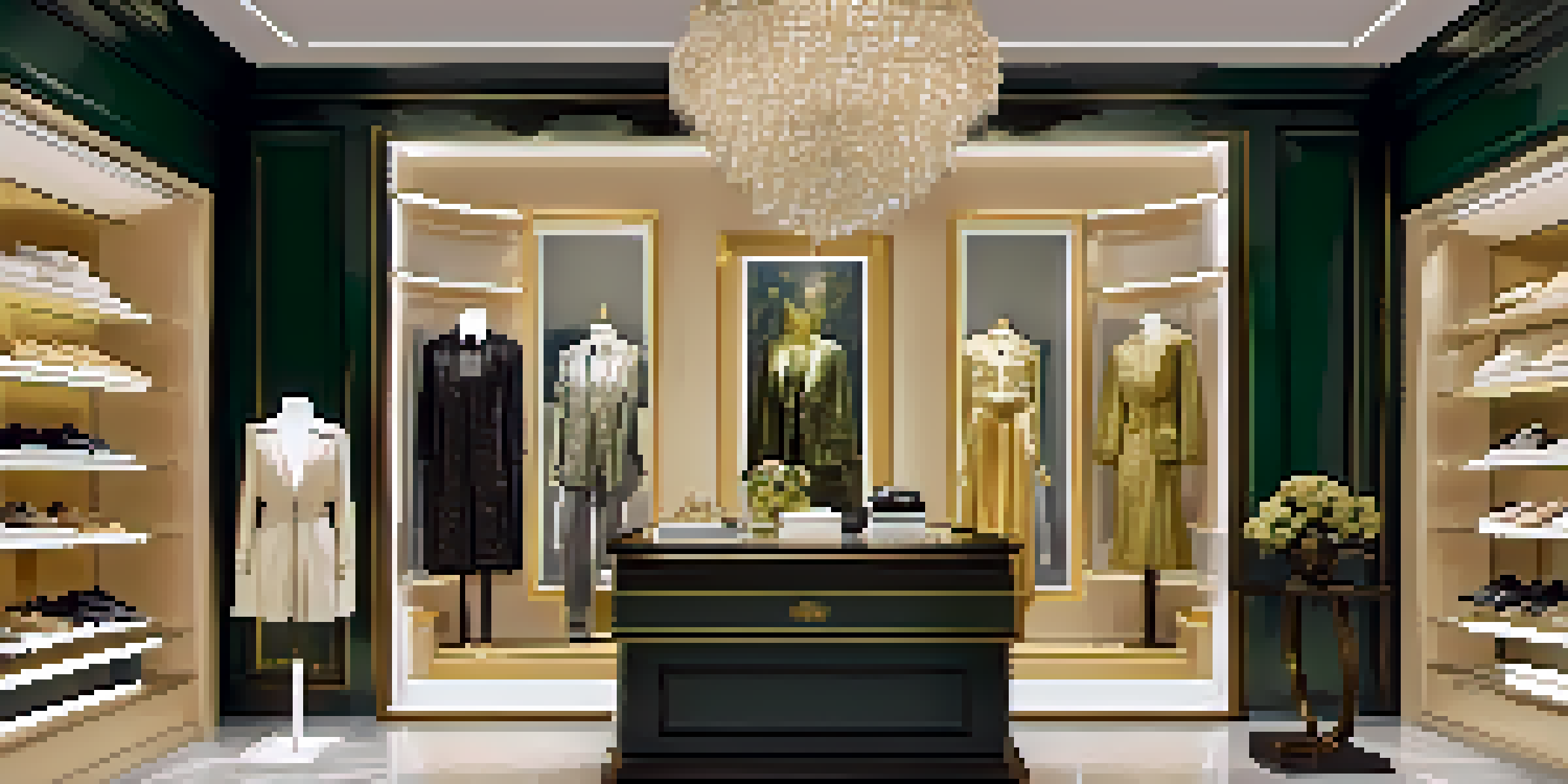 An elegant fashion store interior with luxury clothing displays and a nonprofit collaboration corner, featuring warm lighting and rich textures.