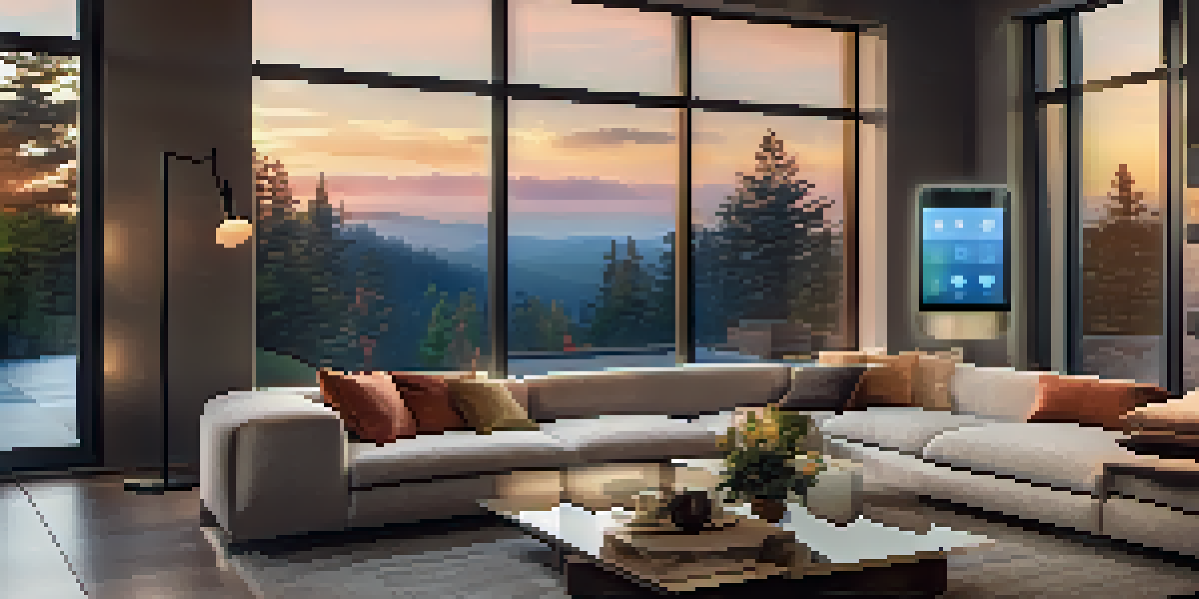 A modern living room with a tablet displaying smart home controls, warm ambient lighting, and a sunset view through large windows.