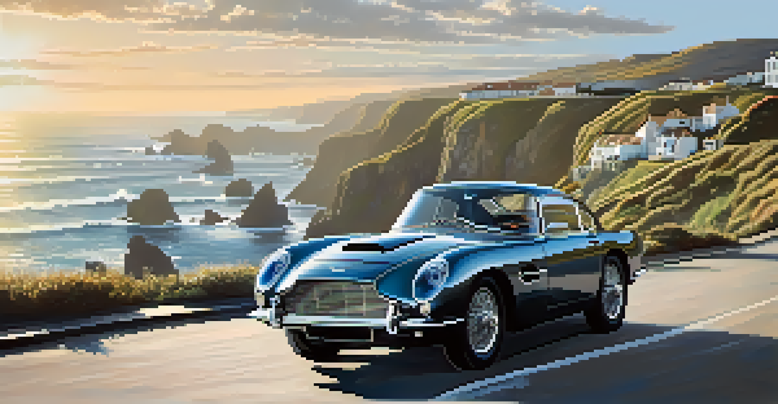 A luxury Aston Martin parked on a coastal road with cliffs and waves in the background.