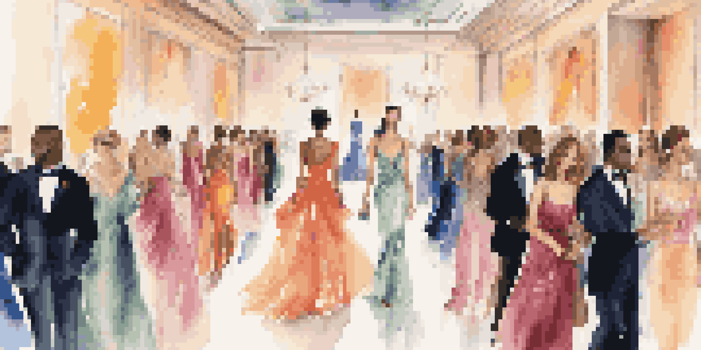 A diverse group of models on a fashion runway at a charity gala, showcasing luxurious clothing with colorful designs in a softly lit setting.