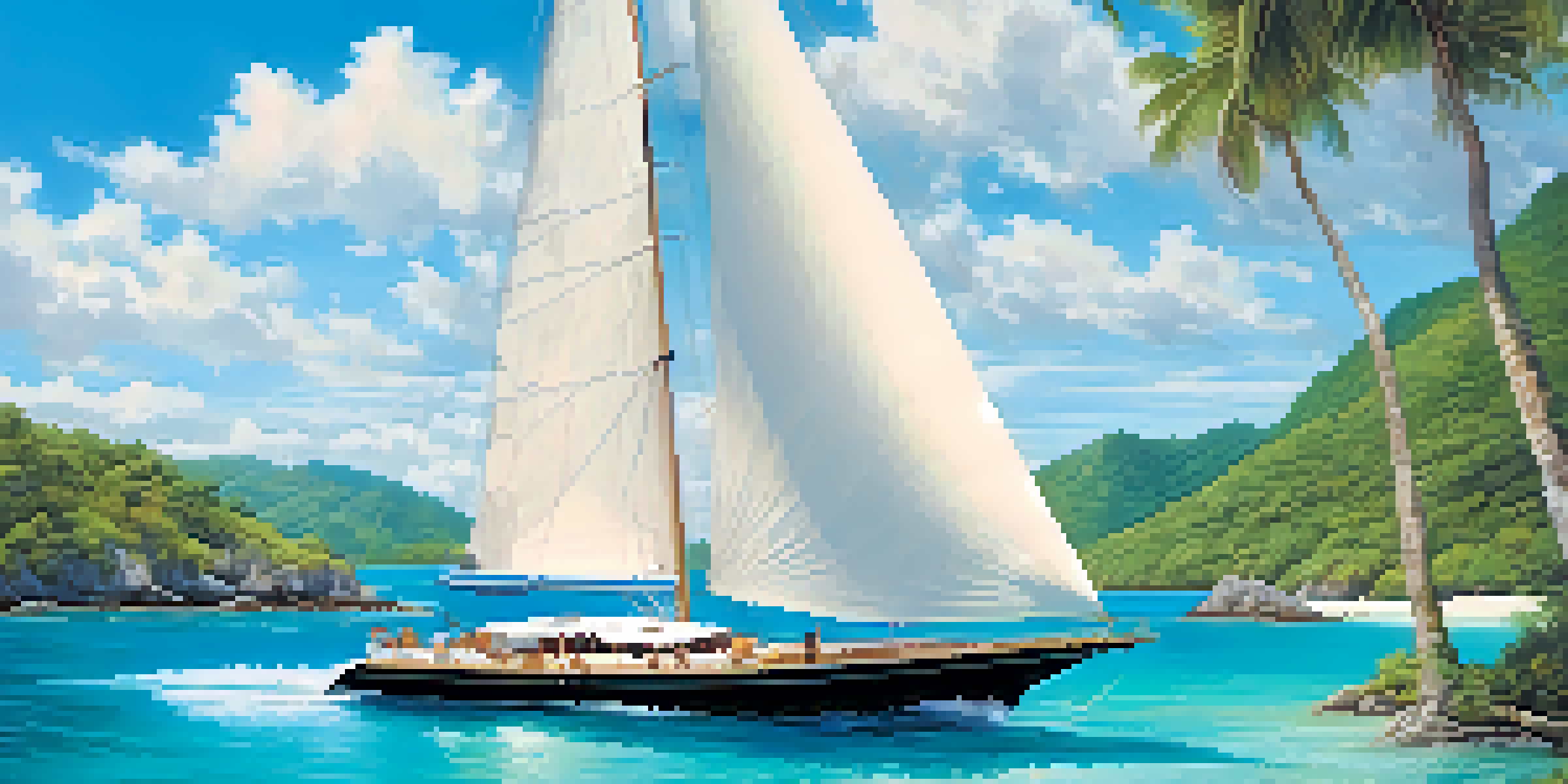 A luxurious yacht sailing in the Caribbean with tropical islands and a clear blue sky.