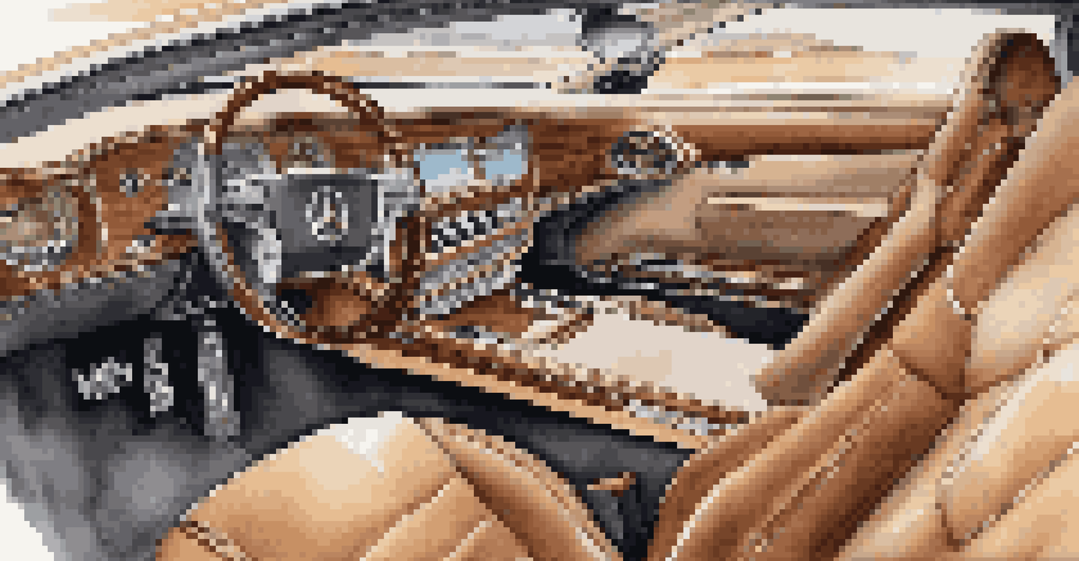 A close-up of a luxurious car interior showcasing fine leather, wood accents, and a high-tech dashboard with ambient lighting.
