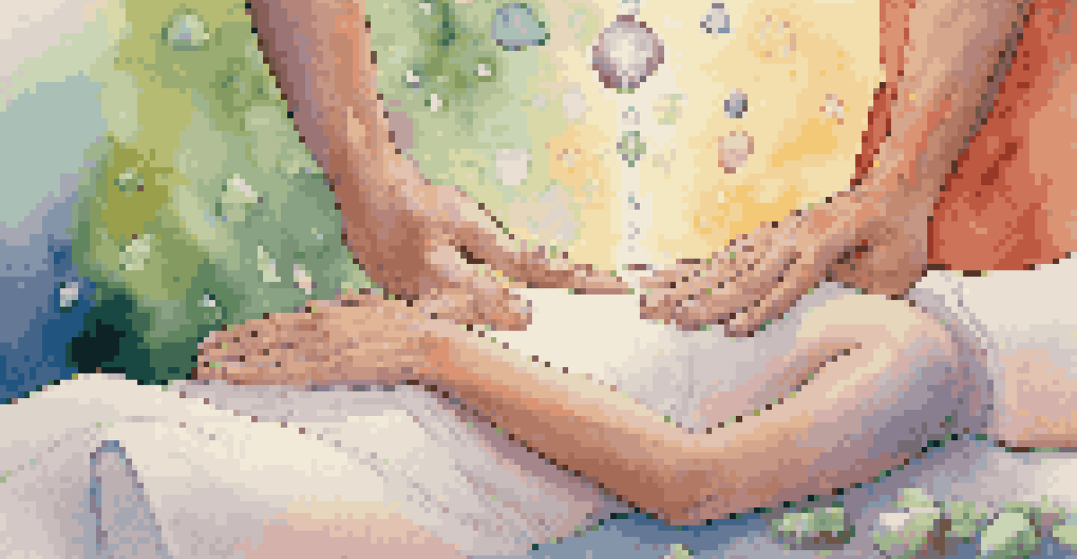 A practitioner performing energy healing on a relaxed client with crystals around them in a calm spa setting.