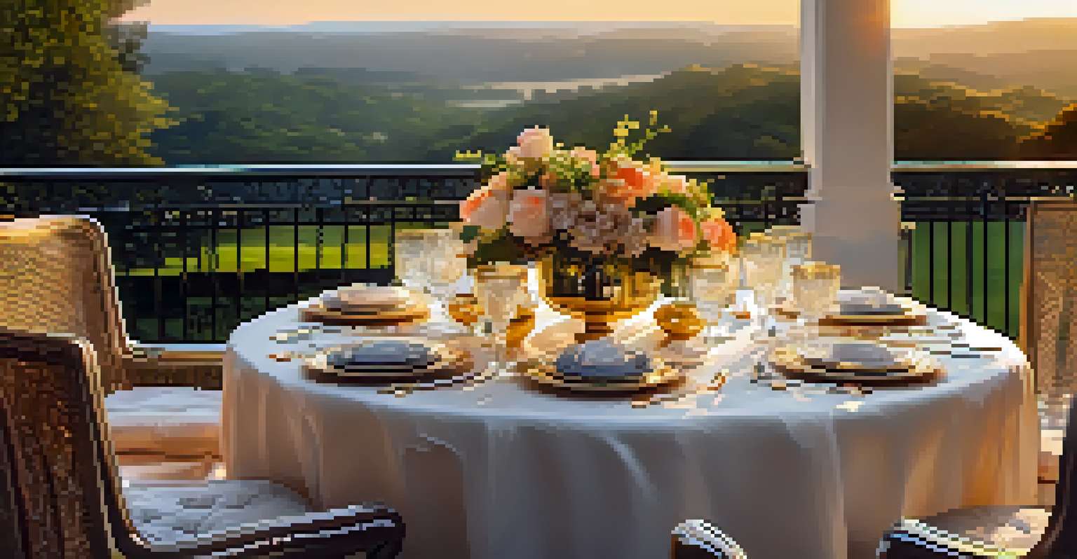 An outdoor dining setup on a terrace with fine china, crystal glassware, and elegant flowers, illuminated by the setting sun.