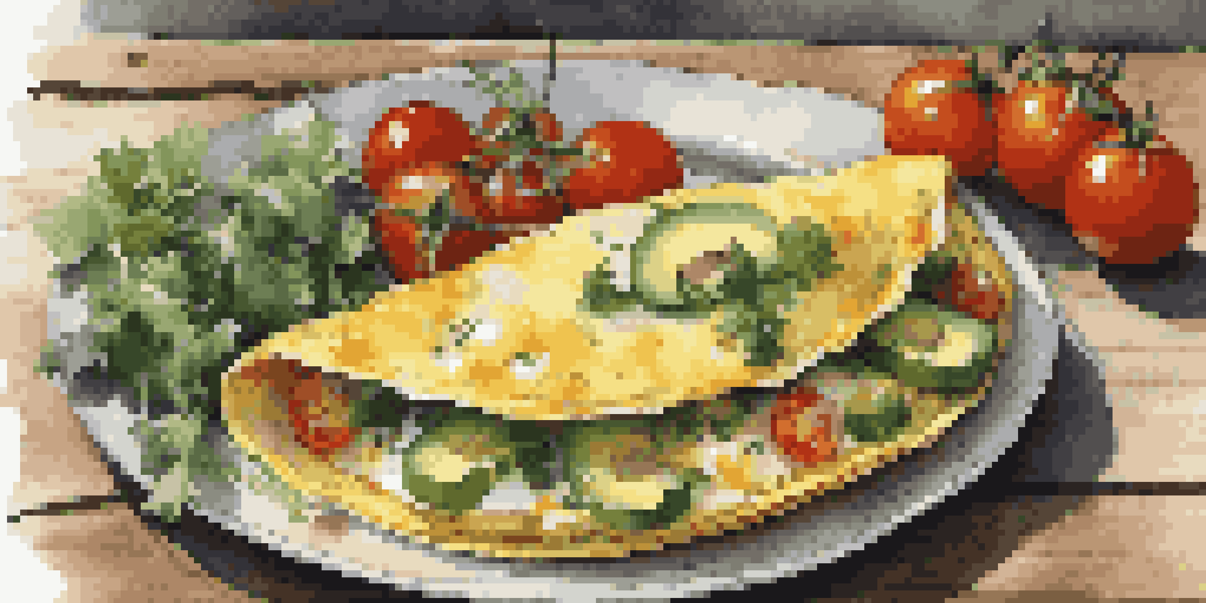 A golden brown omelette filled with vegetables and cheese, garnished with herbs, alongside sliced avocado and cherry tomatoes on a rustic wooden table.