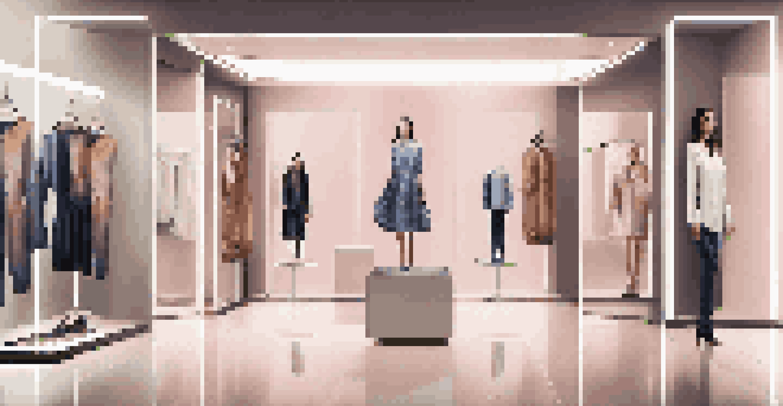 A modern virtual fitting room where a customer is using augmented reality to try on luxury clothing.