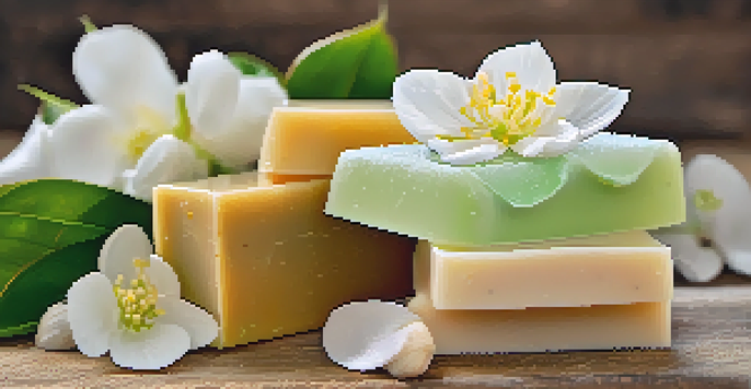 A close-up of a luxurious soap bar on a wooden dish, surrounded by natural ingredients like shea butter and coconut oil, with soft lighting and blurred green leaves in the background.