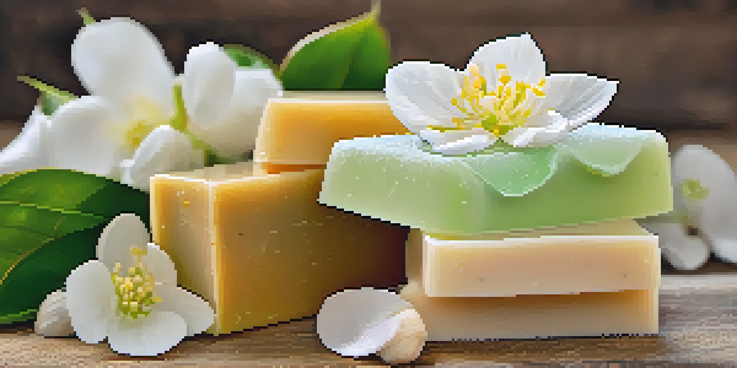A close-up of a luxurious soap bar on a wooden dish, surrounded by natural ingredients like shea butter and coconut oil, with soft lighting and blurred green leaves in the background.