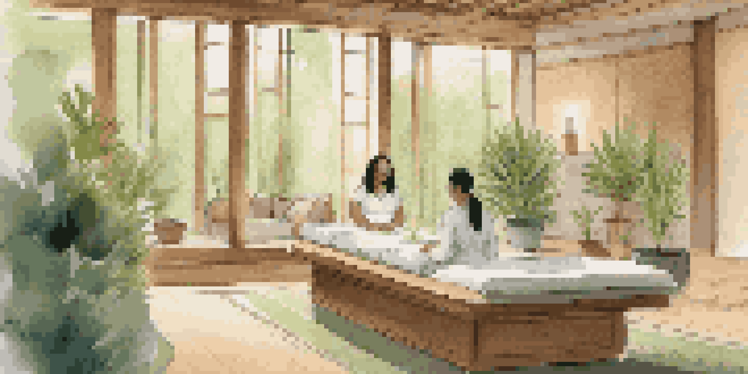 A calming luxury spa interior with a therapist guiding a guest in mindfulness meditation, surrounded by plants and soft lighting.