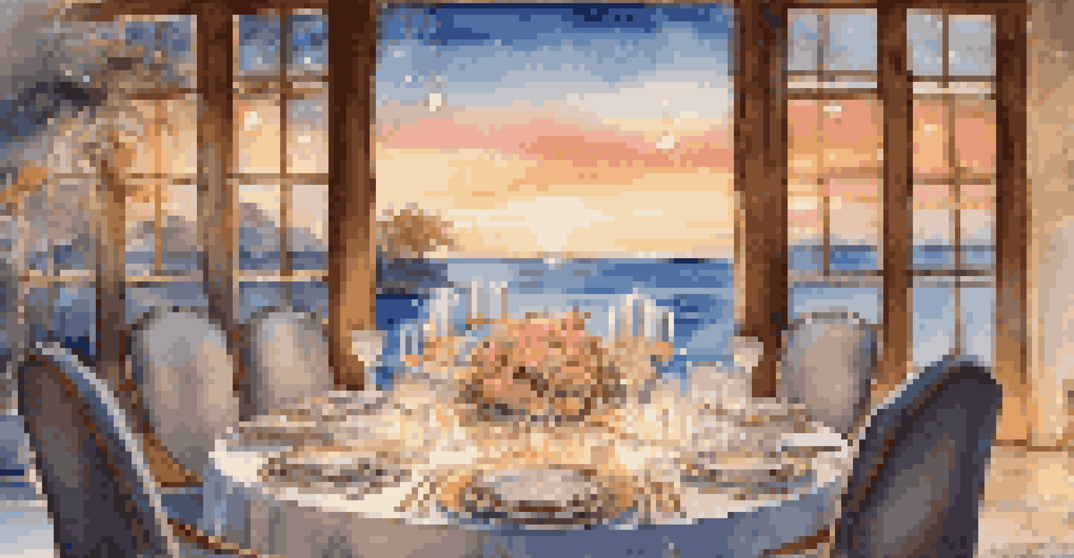 A gourmet dining table set outdoors at sunset with fine china and crystal glasses, overlooking stunning ocean views, adorned with fairy lights.