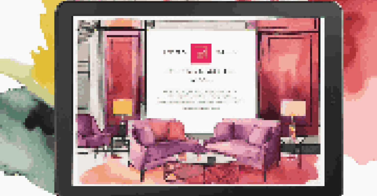 A tablet displaying a colorful digital invitation with a QR code in a stylish lounge setting.