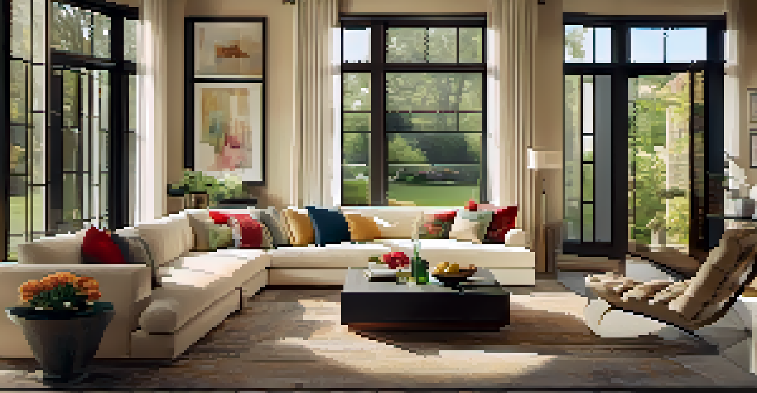 An elegant living room with a cream sofa, colorful pillows, a stylish coffee table, and a view of a garden.
