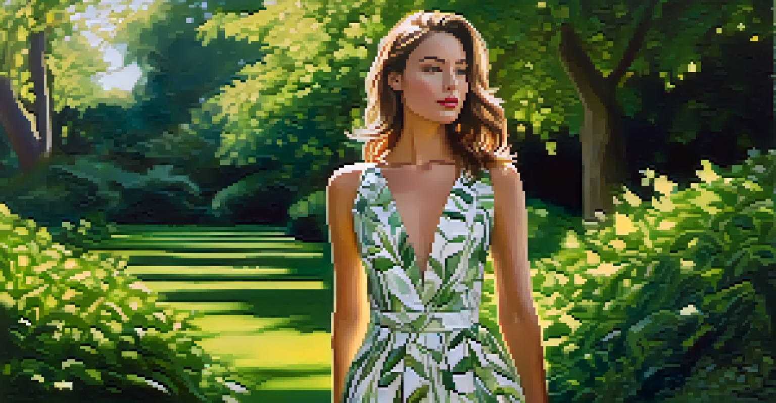 A model in a garden wearing an elegant dress made from sustainable materials, surrounded by greenery.
