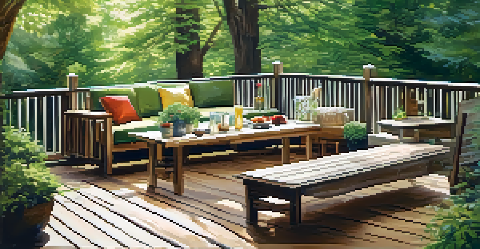 An outdoor deck made of reclaimed wood surrounded by greenery, with elegant outdoor furniture.