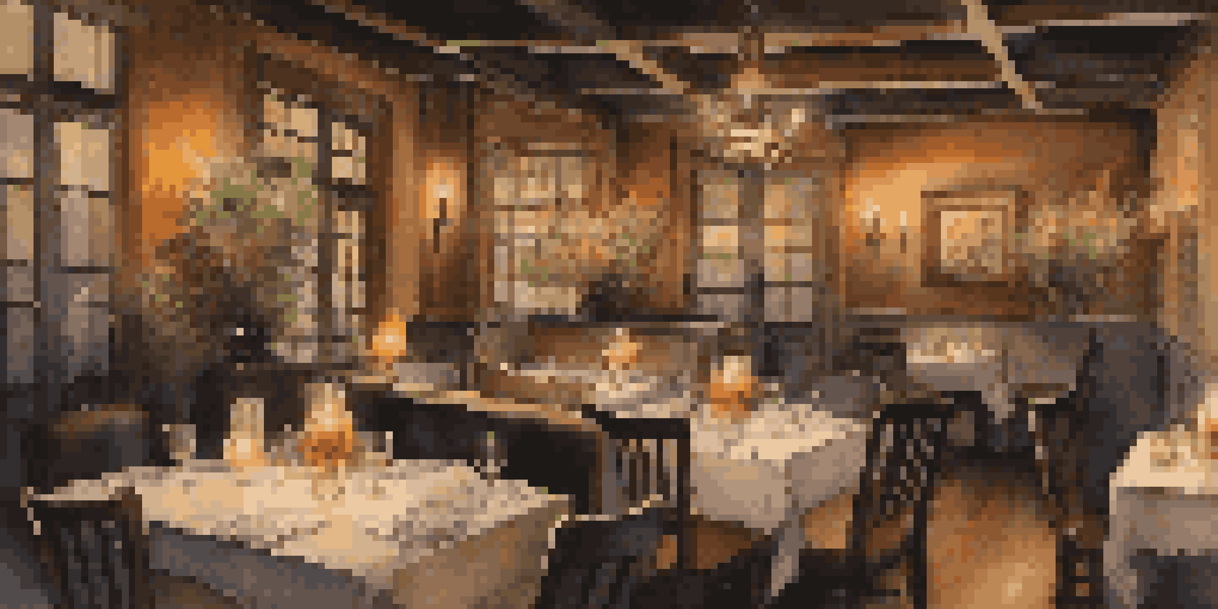 A warm and inviting restaurant interior with dim lighting, elegantly set tables, and candles.