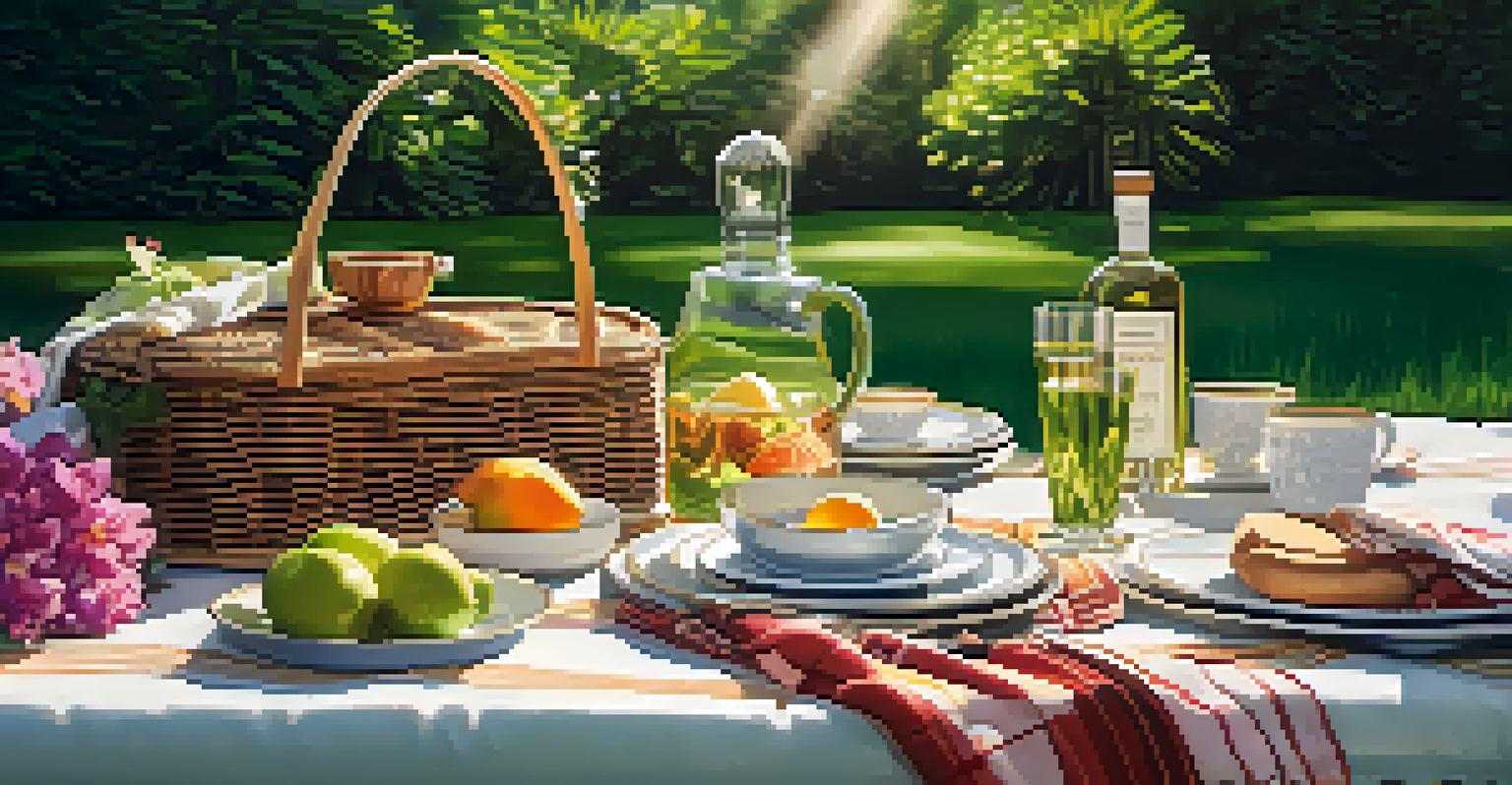 Elegant outdoor picnic setup with luxury items made from recycled materials in a green garden setting.