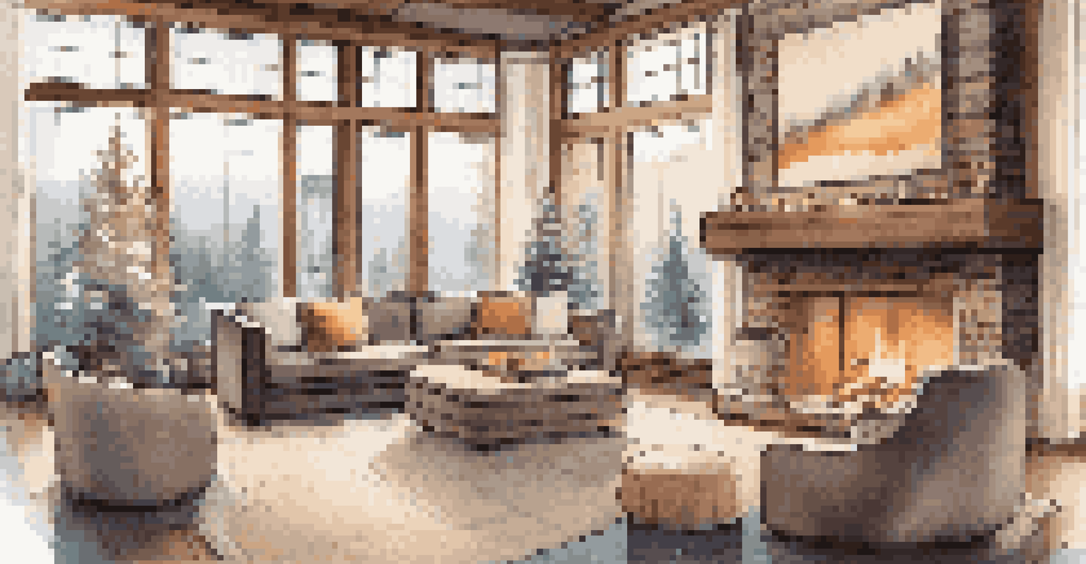 A cozy indoor space with a fireplace and plush seating at a luxury retreat, with a snowy landscape visible through the windows.