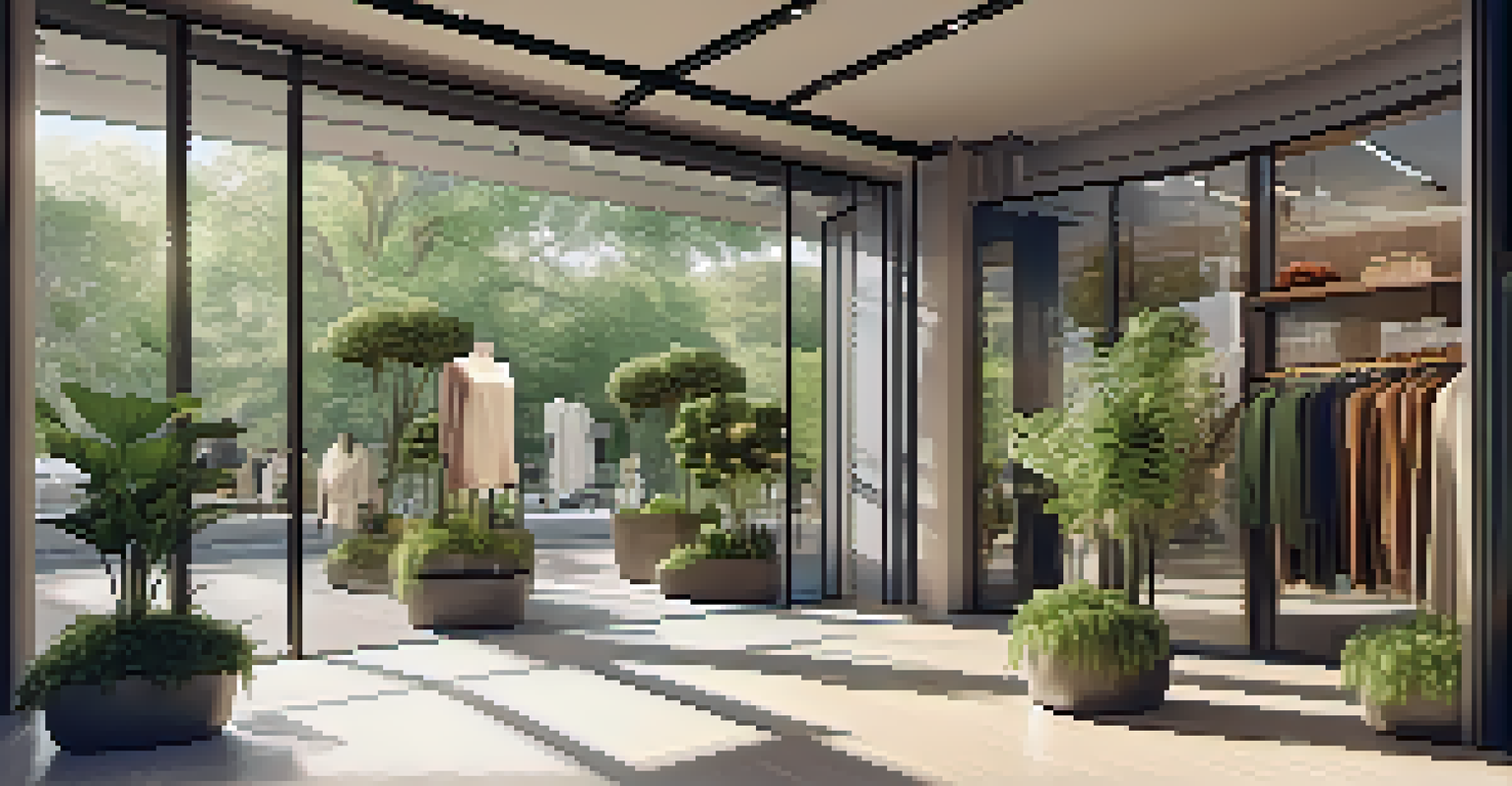 An eco-friendly fashion boutique surrounded by greenery, displaying organic fabrics and reflecting nature through its glass facade.