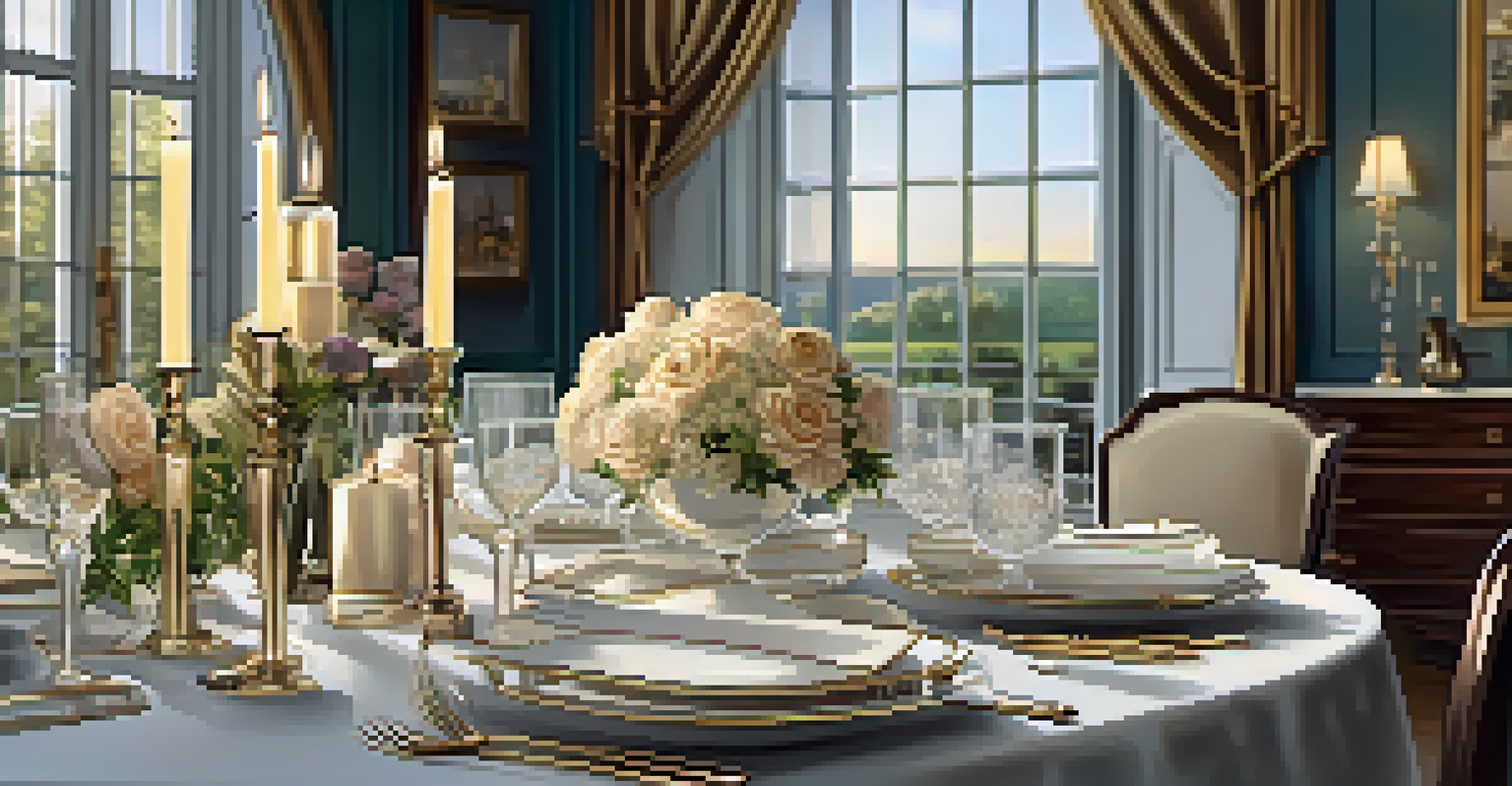 A stylish dining room with an elegantly set table for a luxurious dinner, illuminated by candlelight and featuring a scenic view.