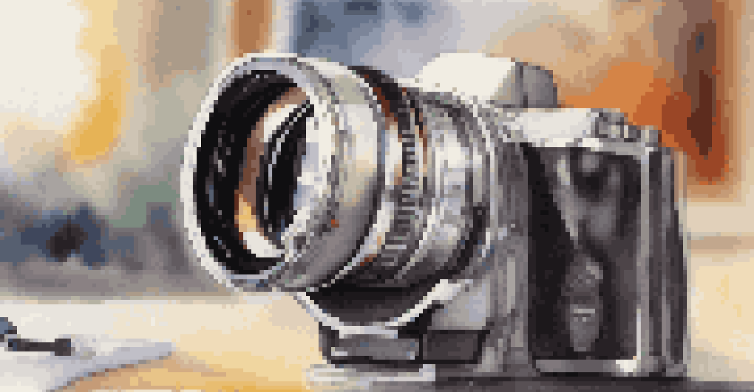 A close-up view of a camera lens with accessories, illuminated by warm natural light in a workspace.