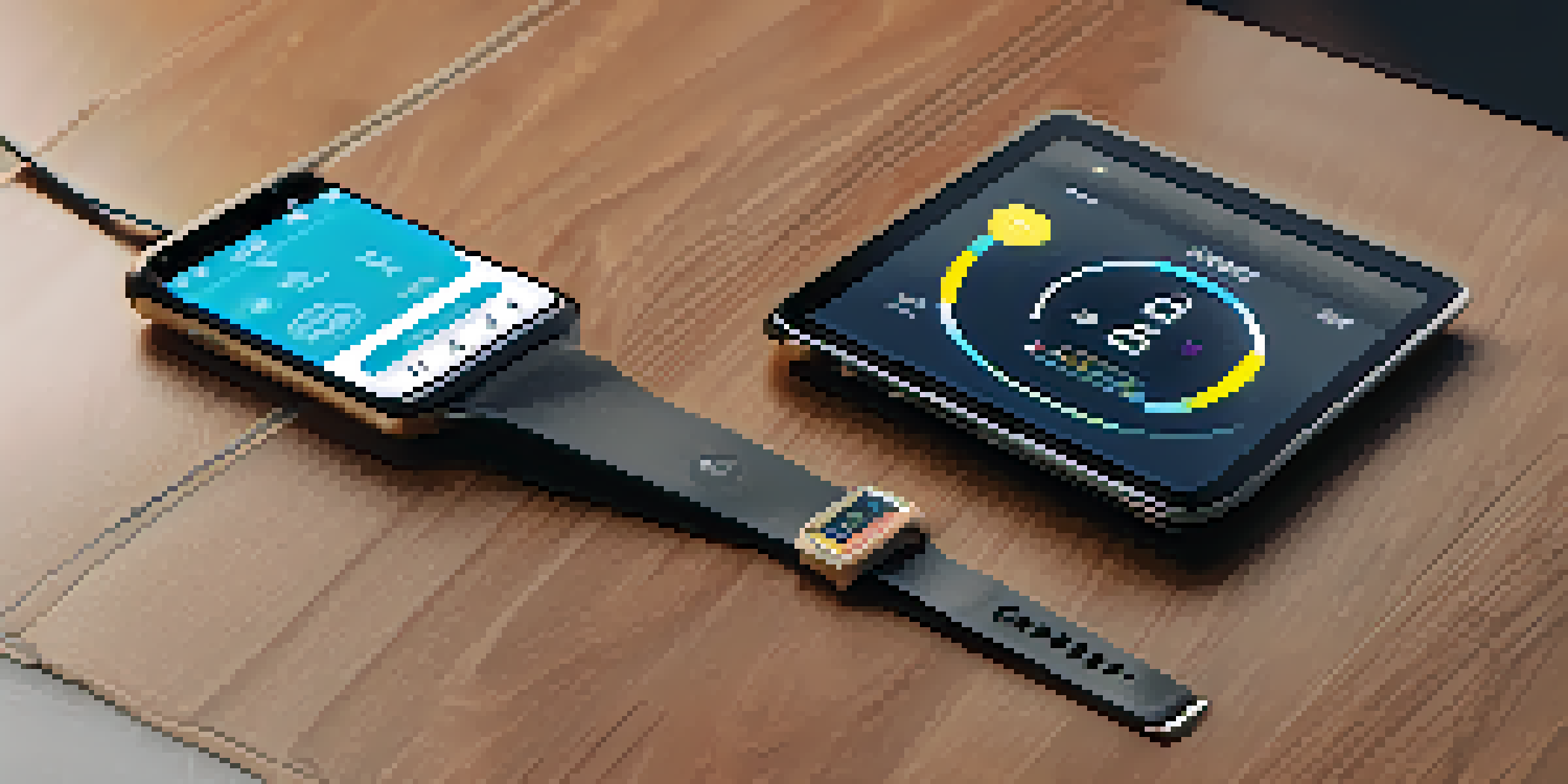 A luxury fitness tracker alongside a smartphone on a wooden desk, with a fitness app visible on the phone screen.