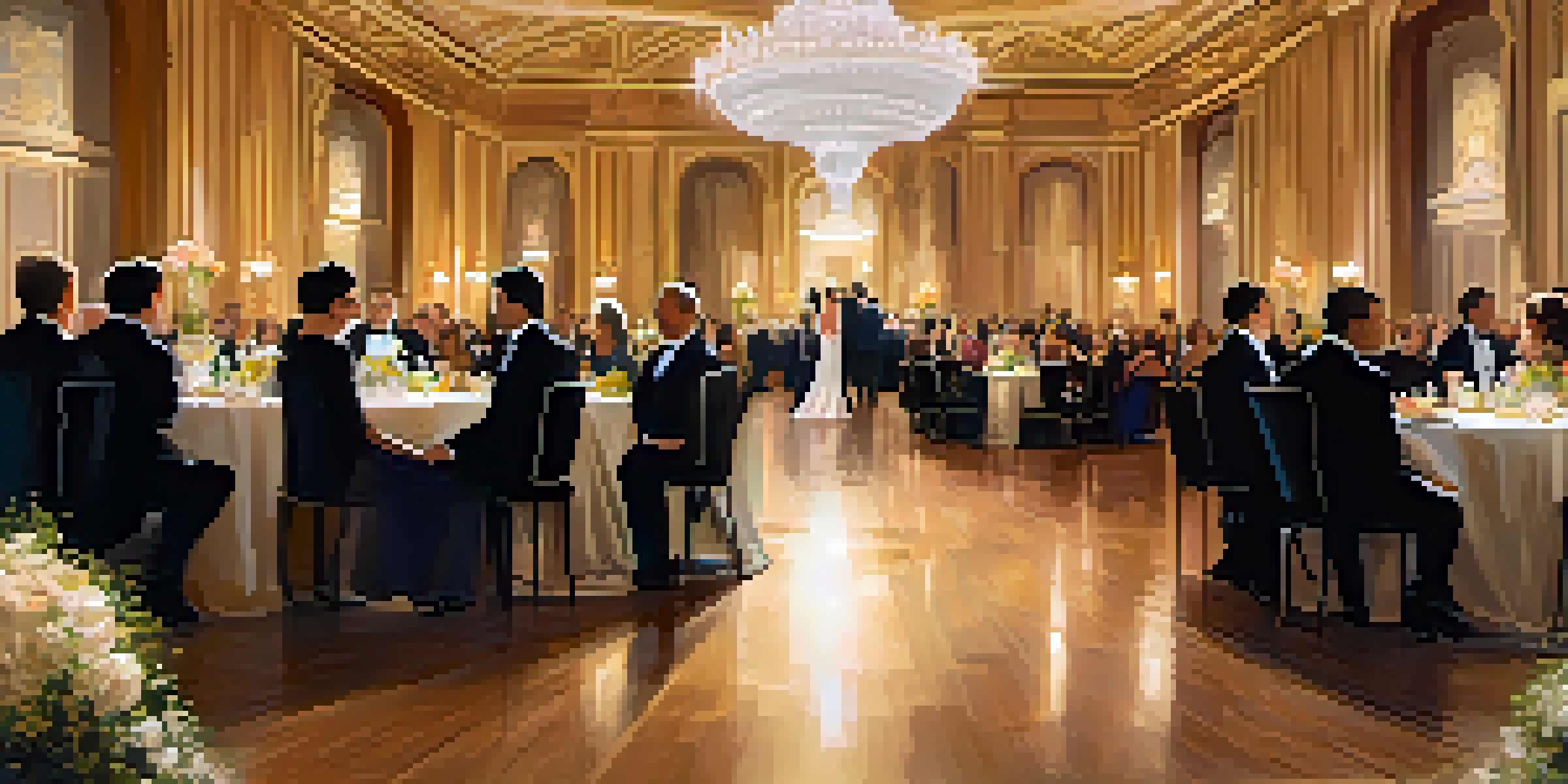 An elegant ballroom filled with guests in formal attire, golden chandeliers, and floral decorations, with a speaker on stage.
