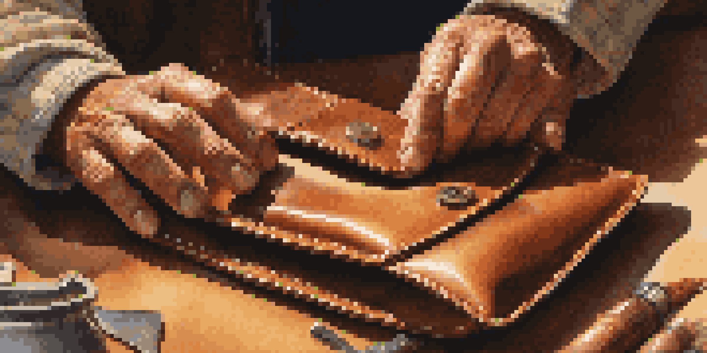A close-up view of an artisan's hands working on a leather bag, showcasing detailed stitching and warm natural lighting.