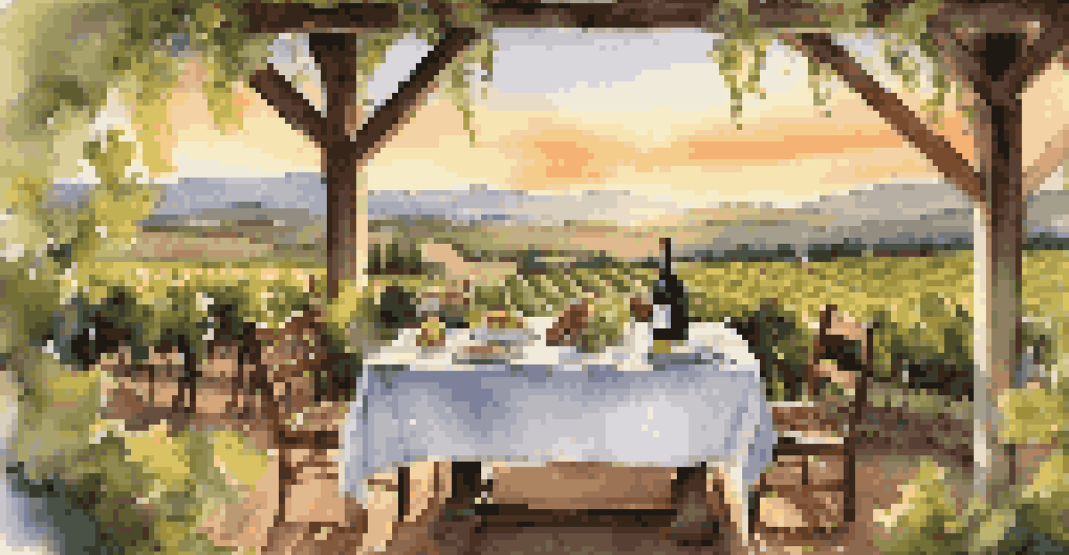 A romantic dining setup in a vineyard with a sunset backdrop and elegant table setting.