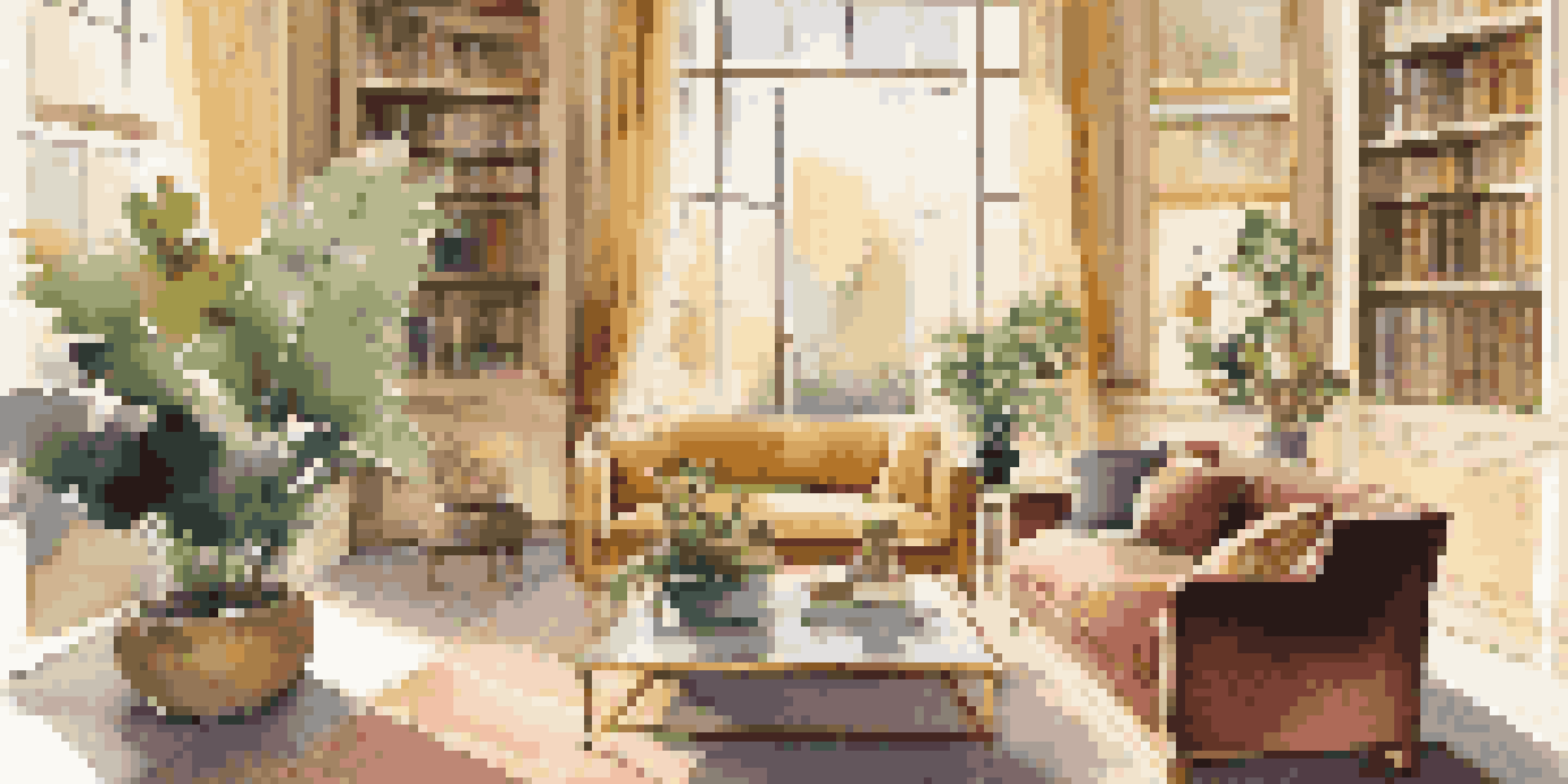 A luxurious living room with velvet sofa, coffee table, and large window with golden light.