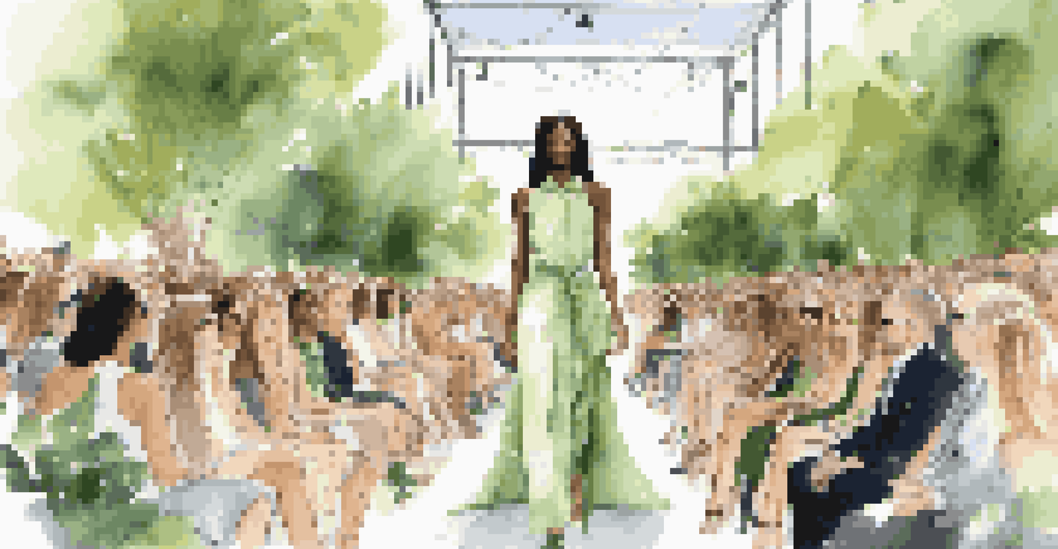 Models walking on a runway made of greenery, showcasing eco-friendly luxury designs in a natural setting.